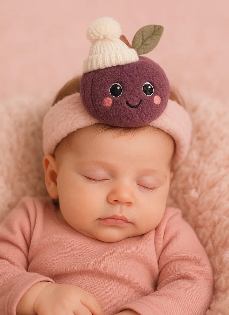 Plum Baby Plush Headband with Knit Hat – Winter Forest Fruit Edition