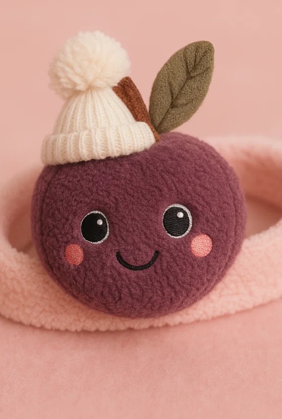 Plum Baby Plush Headband with Knit Hat – Winter Forest Fruit Edition