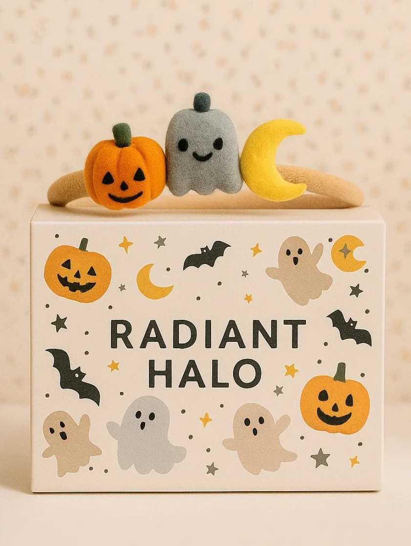 Spooky Fun: Baby Headband with Crochet Pumpkin, Ghost, and Crescent Moon