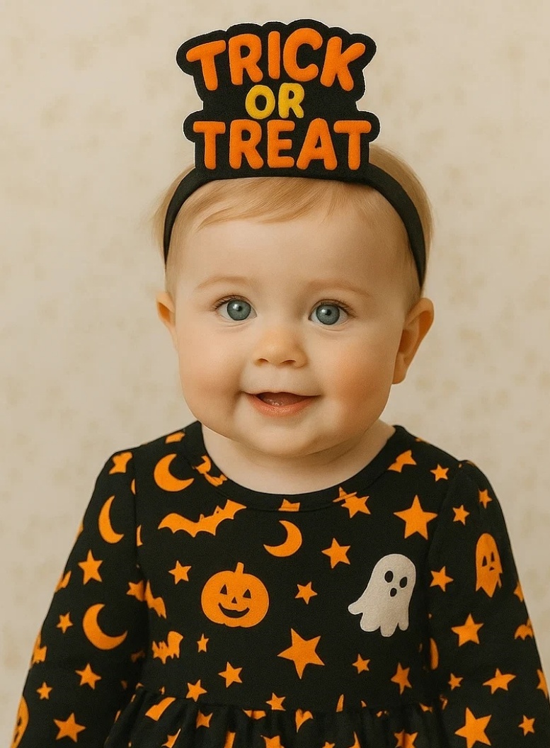 Trick or Treat: Baby Headband with Crochet Pumpkin, Ghost, and Cat
