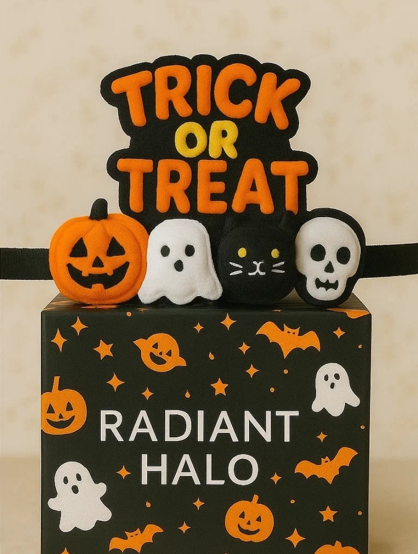 Trick or Treat: Baby Headband with Crochet Pumpkin, Ghost, and Cat