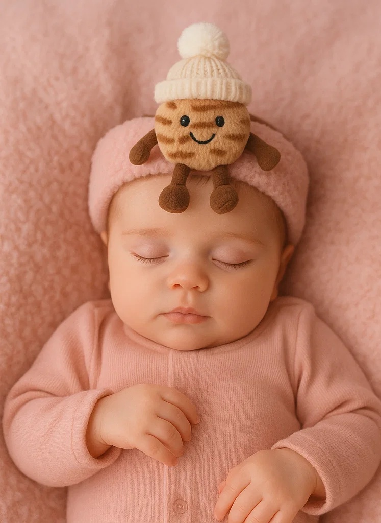 Striped Nut Baby Plush Headband with White Pom Hat – Cozy Winter Charm