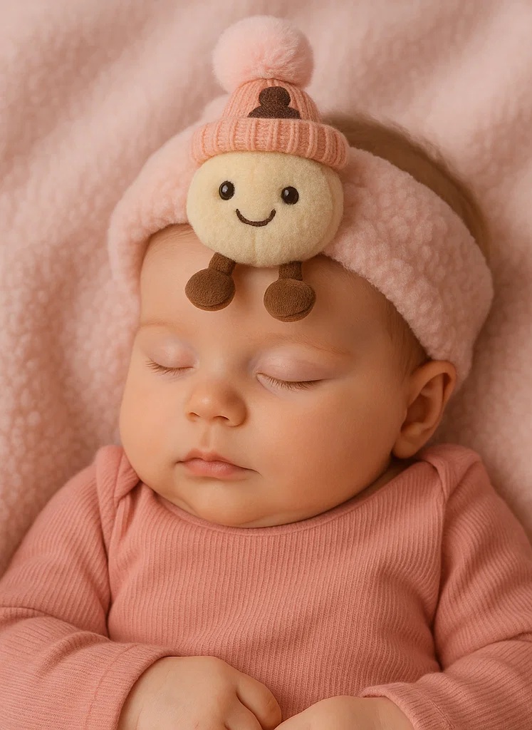 ふわふわフルーツベビーヘッドバンド・モモぬいぐるみ帽子付き – 冬の愛されスタイル
