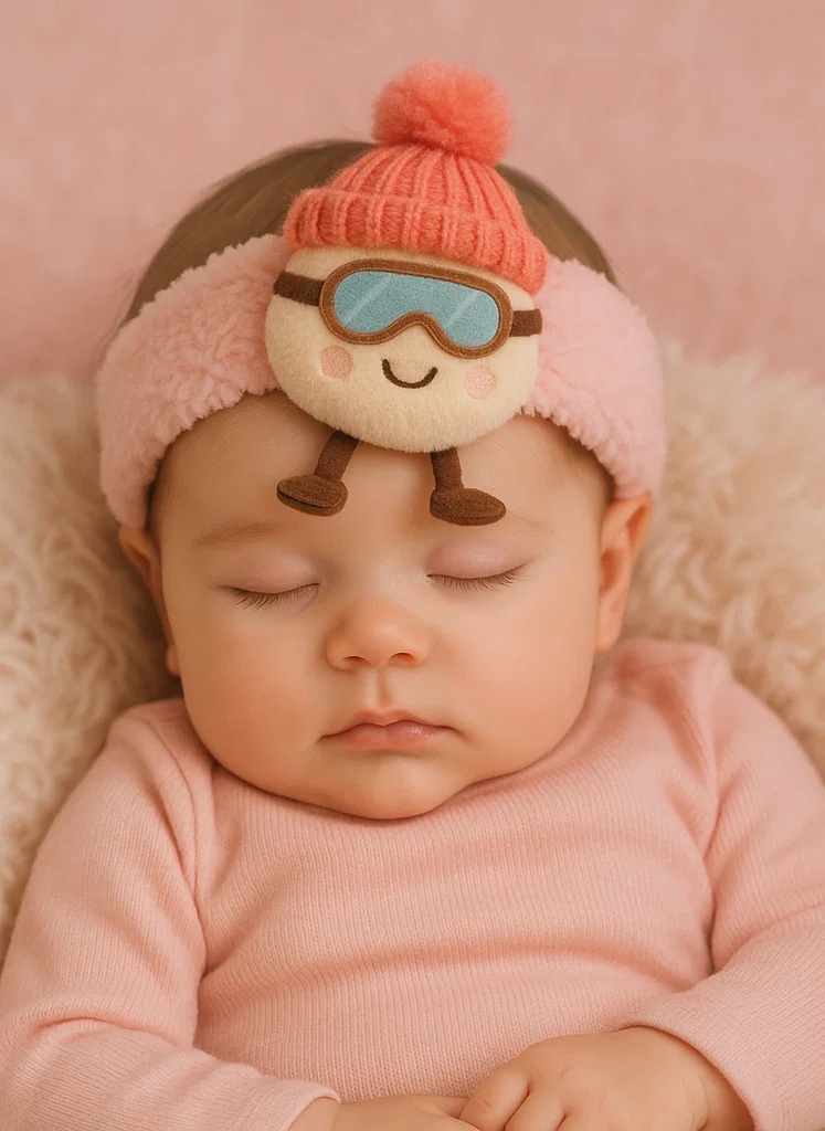 Pfirsich Baby Stirnband mit Plüschfigur – Wintermodell mit roter Mütze und Skibrille