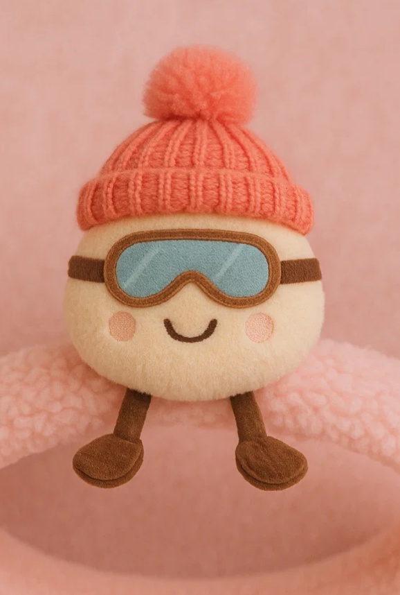 Pfirsich Baby Stirnband mit Plüschfigur – Wintermodell mit roter Mütze und Skibrille