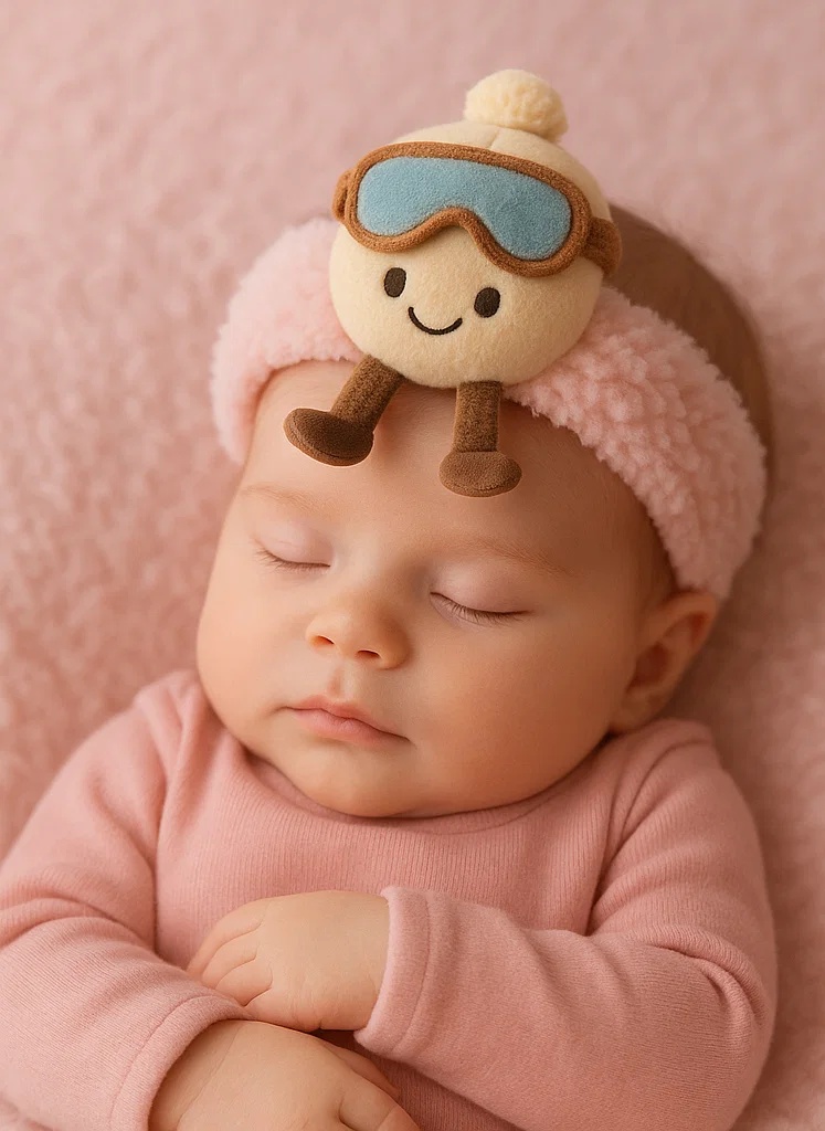 Diadema para bebé con muñeco de durazno – Modelo invernal con gorro blanco y gafas