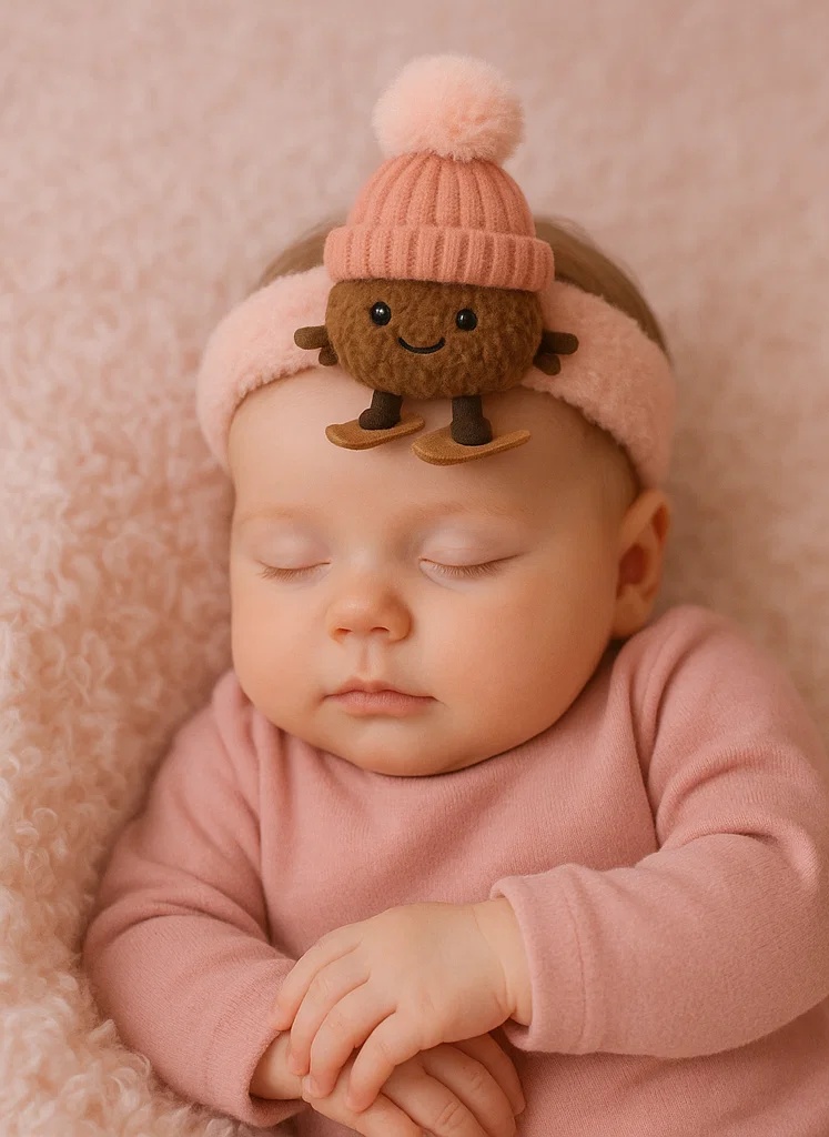 Bandeau bébé avec peluche pêche – Modèle hiver avec bonnet rose et skis