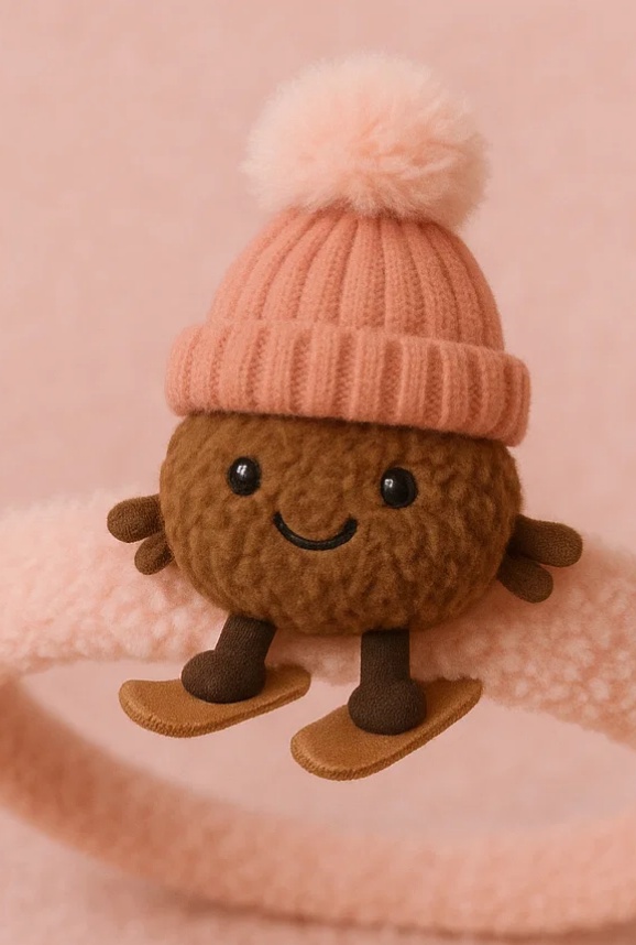 Bandeau bébé avec peluche pêche – Modèle hiver avec bonnet rose et skis