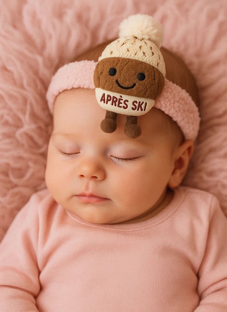 Bentiță pentru bebeluși cu jucărie nucă – Model iarnă cu căciuliță și inscripție Après Ski