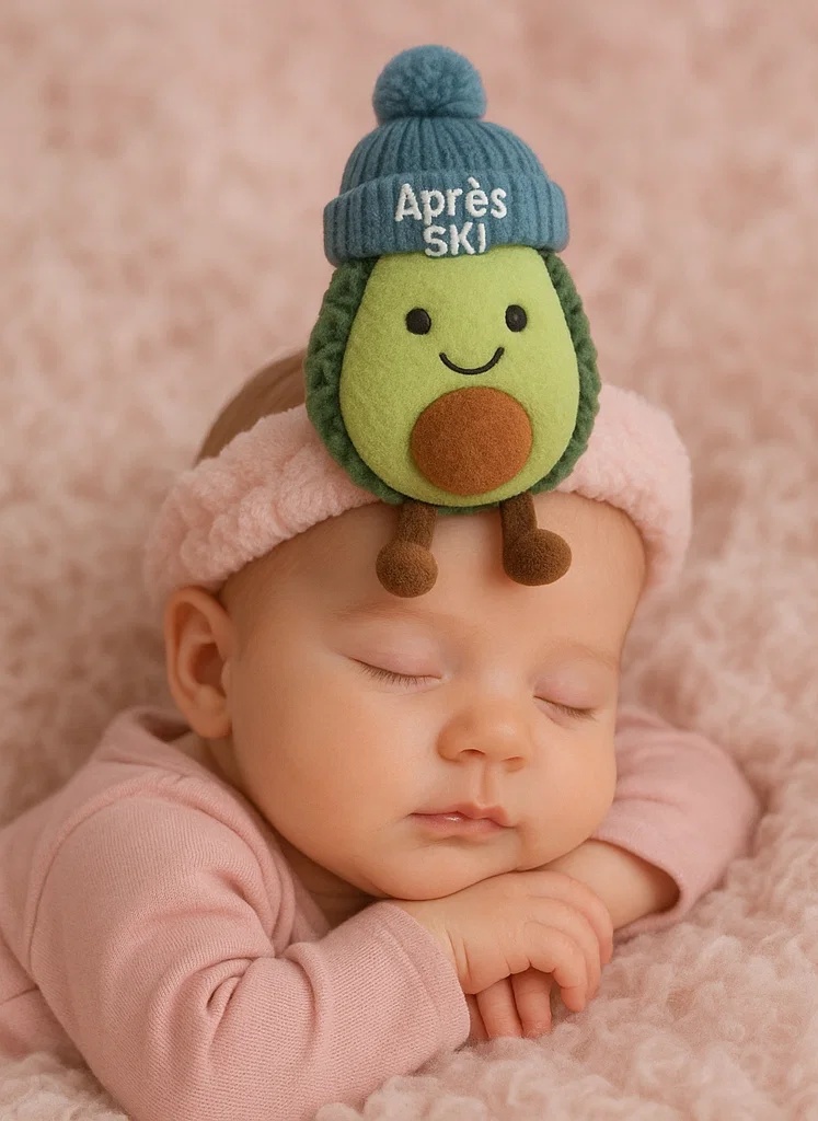 Beebide peapael avokaado mänguasjaga – Talvemudel sinise mütsiga ja kirjaga Après Ski