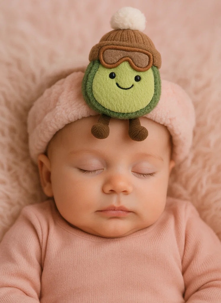 Čelenka pro miminka s hračkou avokáda – Zimní edice s hnědou čepicí a lyžařskými brýlemi