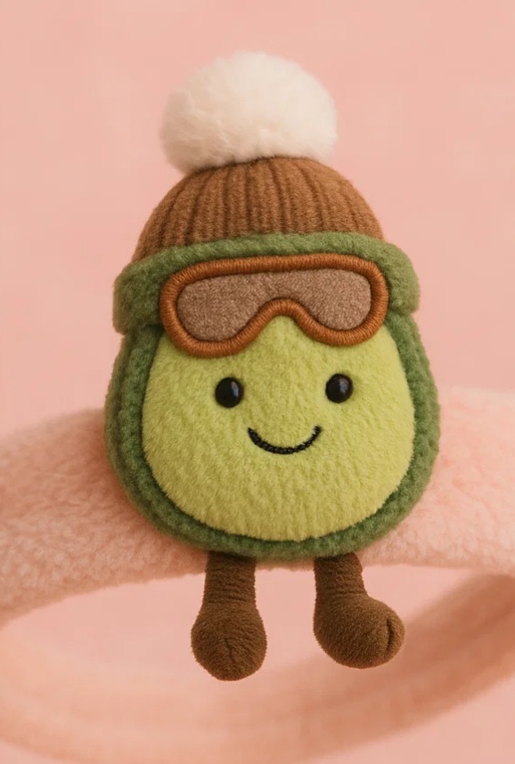 Čelenka pro miminka s hračkou avokáda – Zimní edice s hnědou čepicí a lyžařskými brýlemi