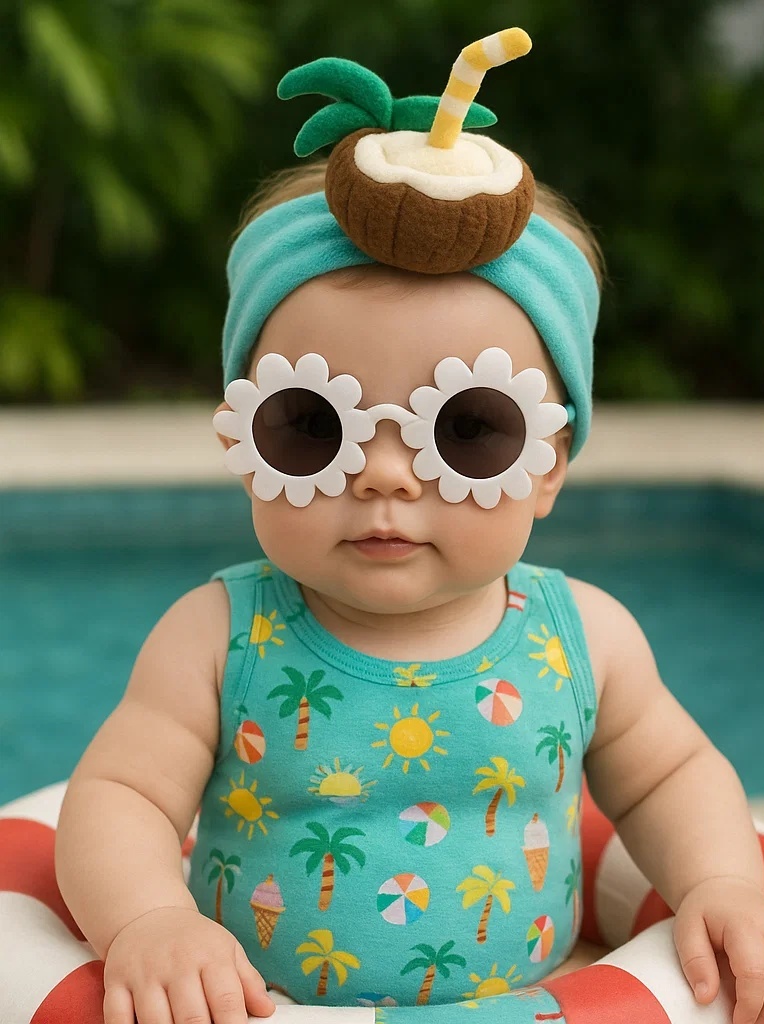 Coconut Tropical Drink Baby Headband with Palm Leaves – Summer Beach Style