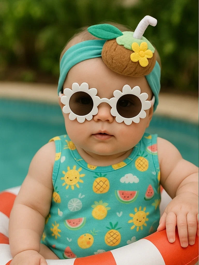 ココナッツドリンク風 ベビーヘアバンド - 南国風花飾り付き | Coconut Drink Style Baby Headband with Tropical Flower