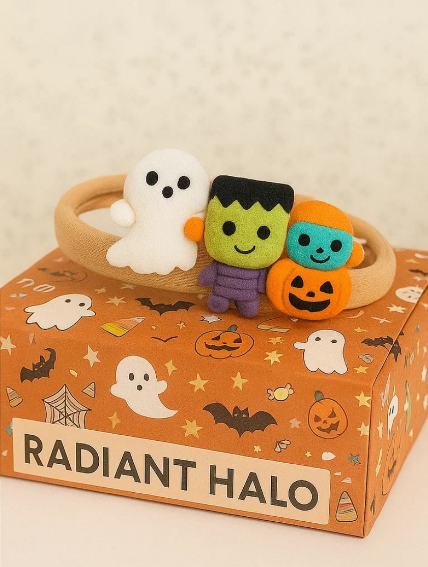 Spooky Friends Halloween Baby Headband – Ghost, Frankenstein & Pumpkin