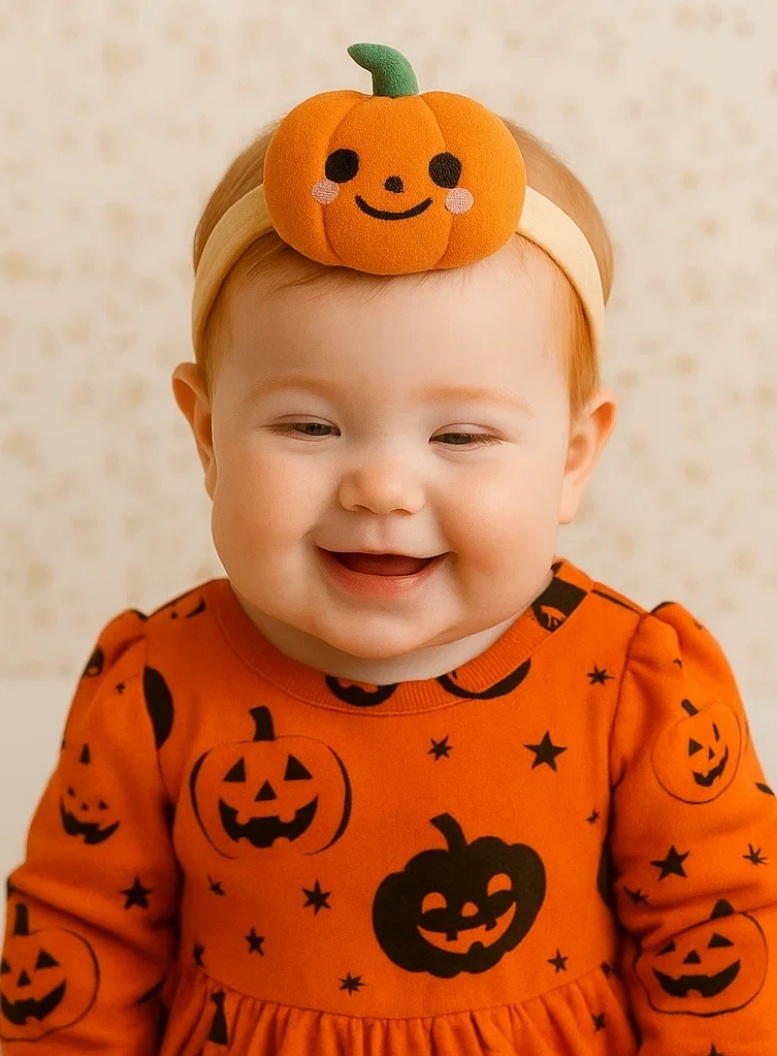 Halloween Mummy & Pumpkin Baby Headband – Soft Plush Infant Hairband