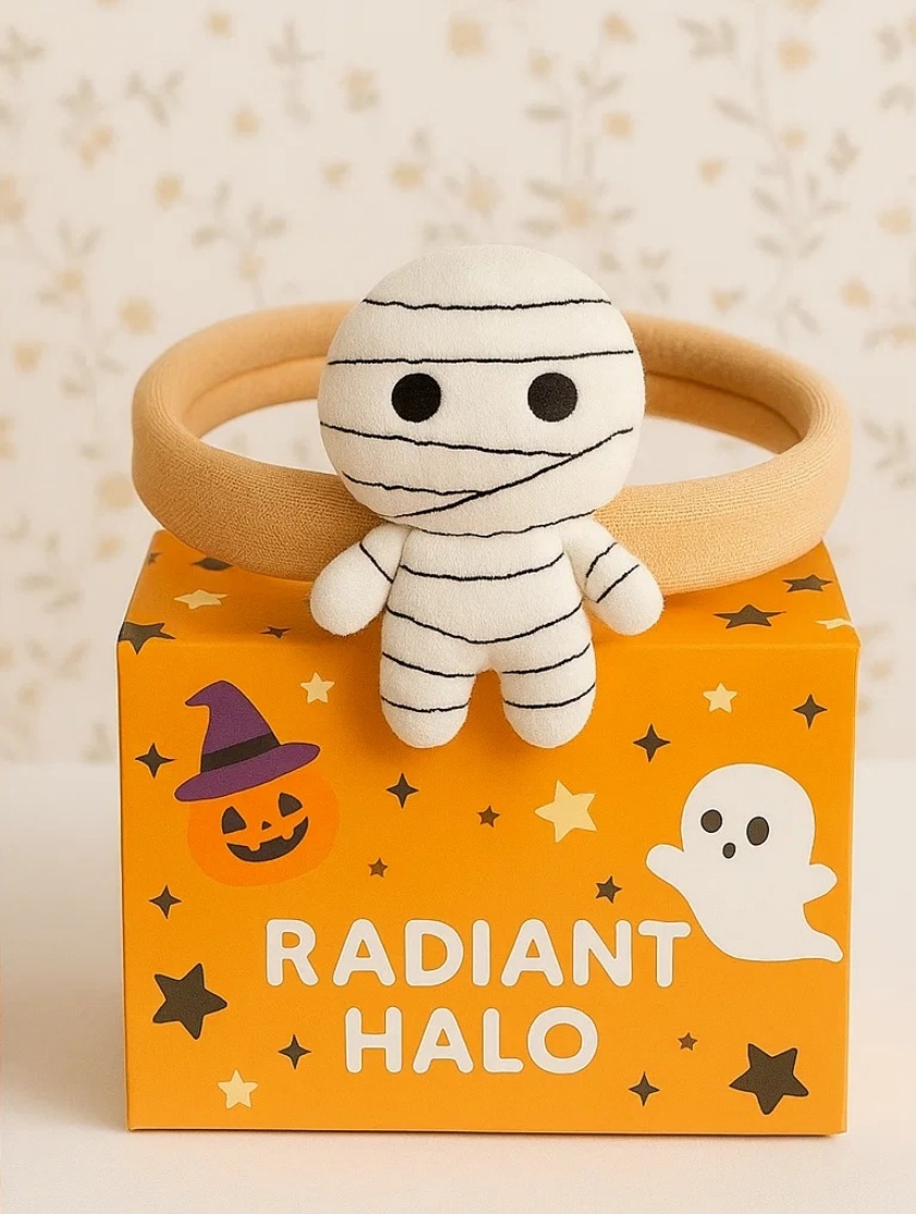 Halloween Mummy & Pumpkin Baby Headband – Soft Plush Infant Hairband