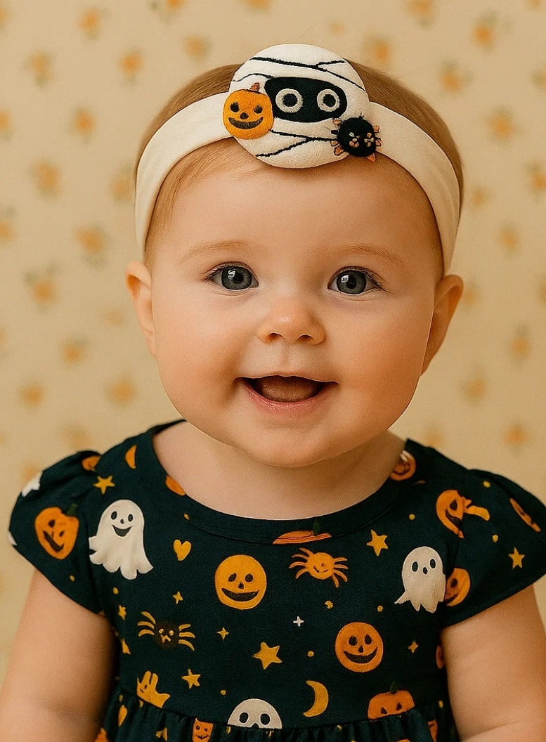 Halloween Baby-Stirnband mit Mumie, Kürbis und Spinne – Weiches, elastisches Haarband für Kleinkinder