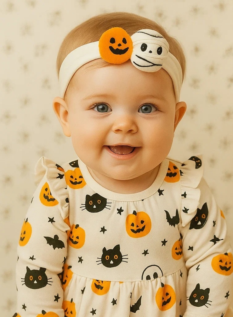 Diadema de bebé de Halloween con calabaza y momia – Cinta elástica suave para el cabello infantil