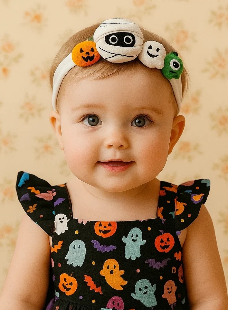 Bandeau bébé d'Halloween avec citrouille, momie, fantôme et monstre – Accessoire capillaire doux et élastique