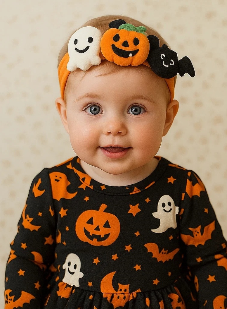 Bentiță de Halloween pentru bebeluși cu fantomă, dovleac și liliac – Accesoriu moale și elastic pentru păr