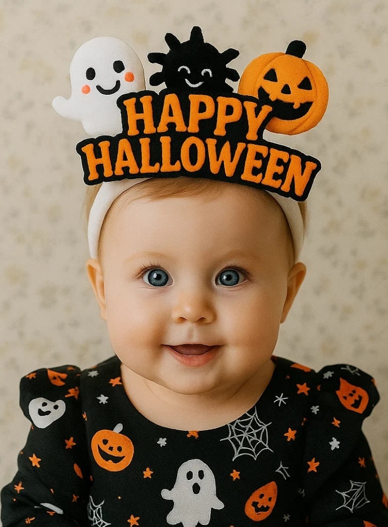 Halloween Baby Headband with Pumpkin & Ghost Plush – Soft & Comfortable
