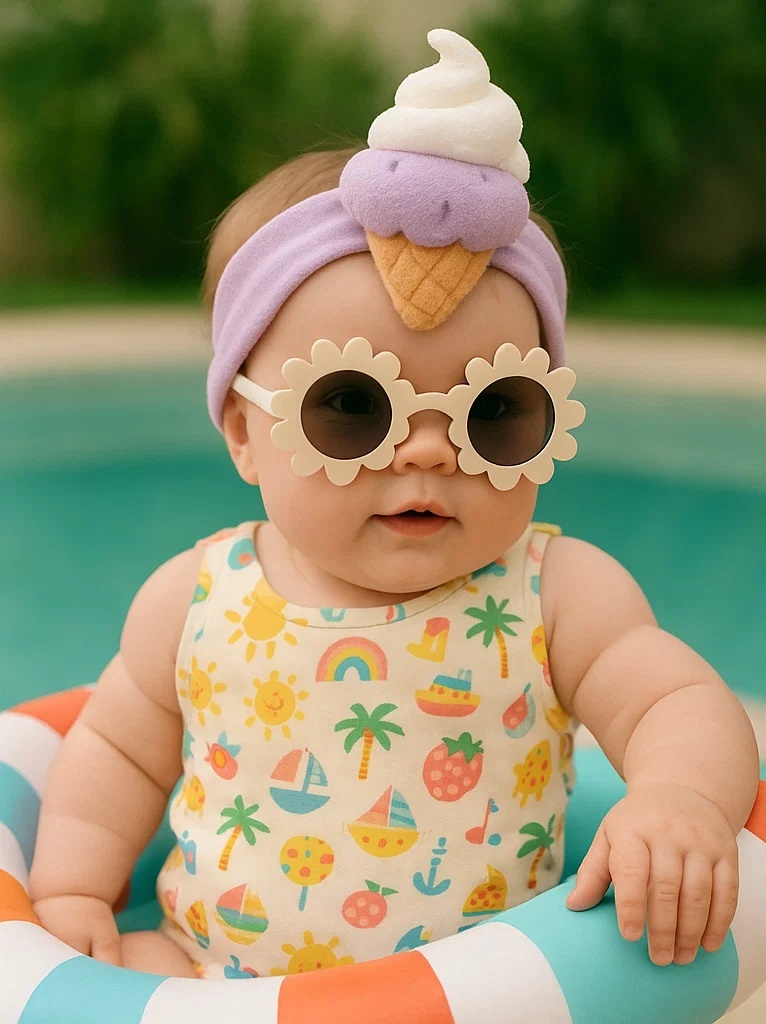 ベビーアイスクリームヘッドバンド 紫とホイップ付き