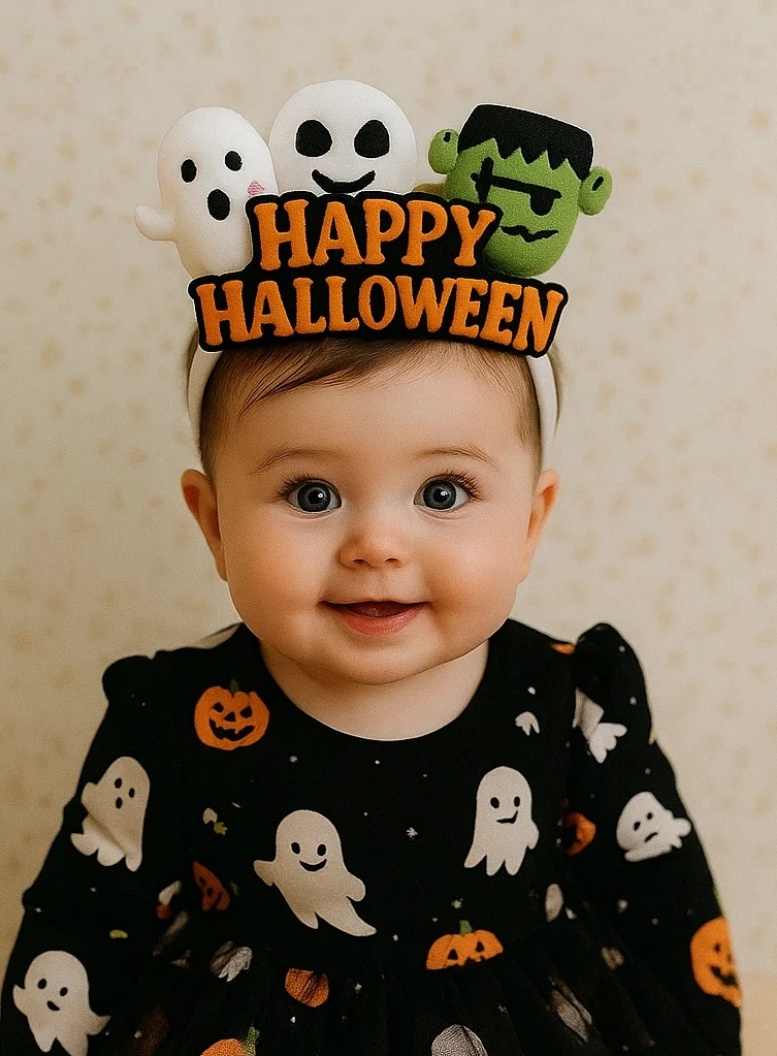 Halloween Baby Headband with Ghost Trio & Pumpkin – Festive Plush Design