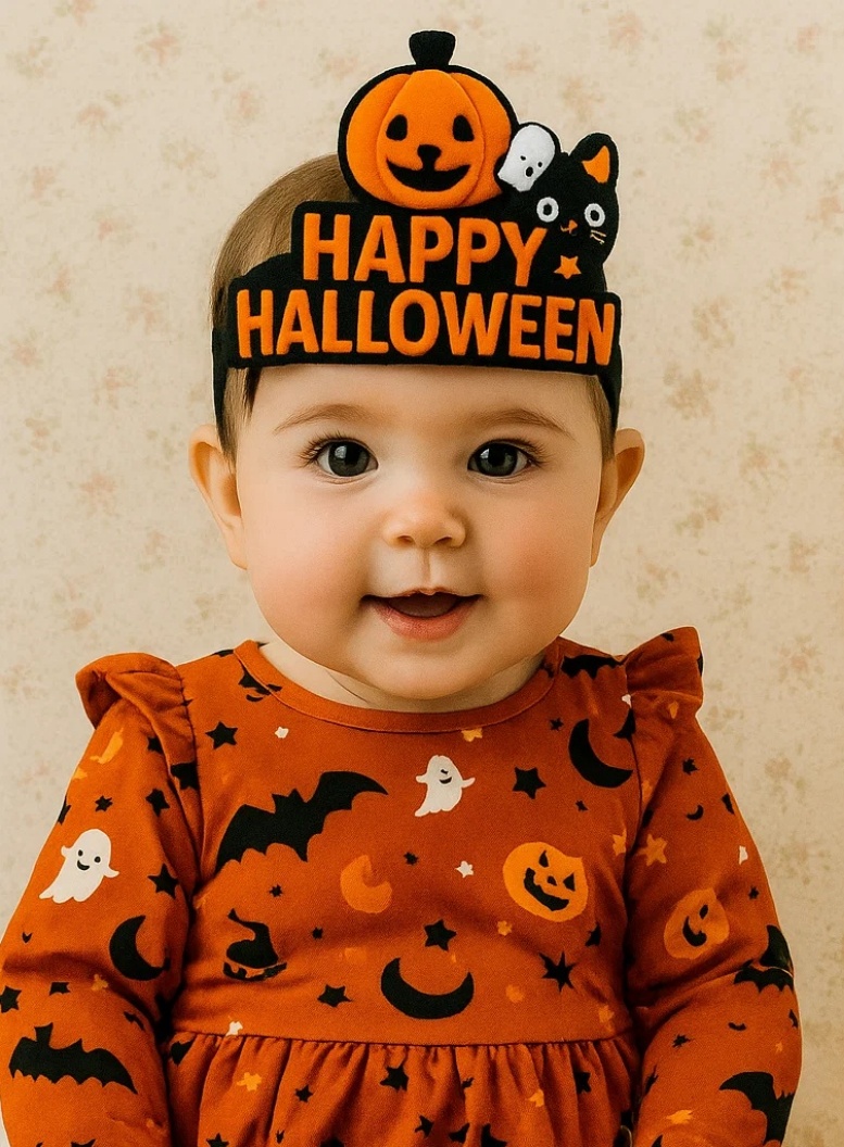 Halloween Baby Headband with Pumpkin & Black Cat Plush – Adorable Costume Accessory