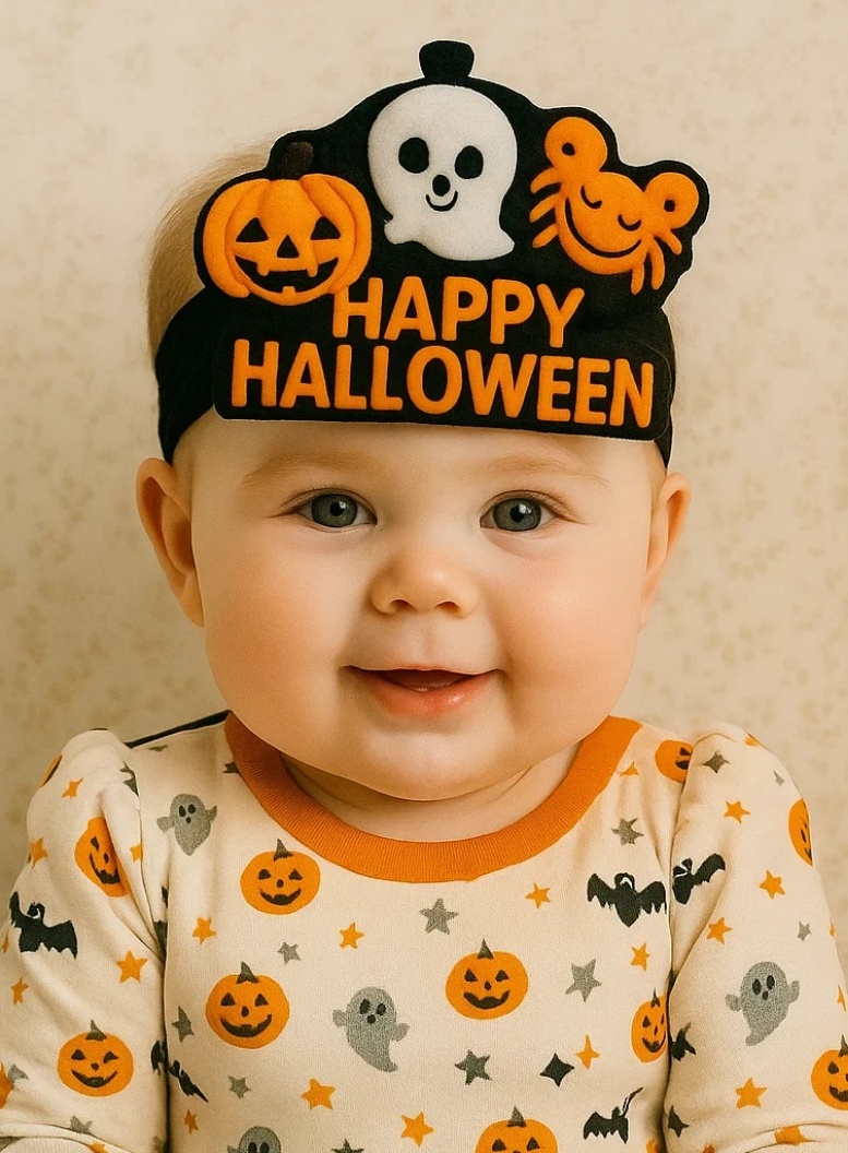 Halloween Baby Headband with Pumpkin, Ghost & Spider Plush – Fun and Cozy