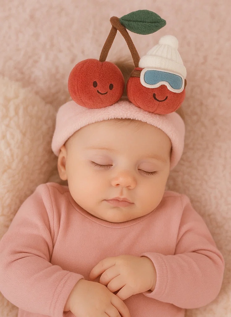 Diadema de bebé de peluche con cereza y gafas de esquí – Bonita y cálida para los días fríos