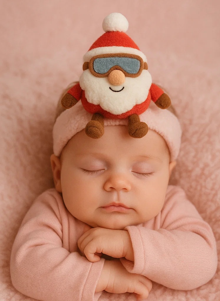 Plyšová dětská čelenka se Santou a lyžařskými brýlemi – Roztomilý zimní doplněk