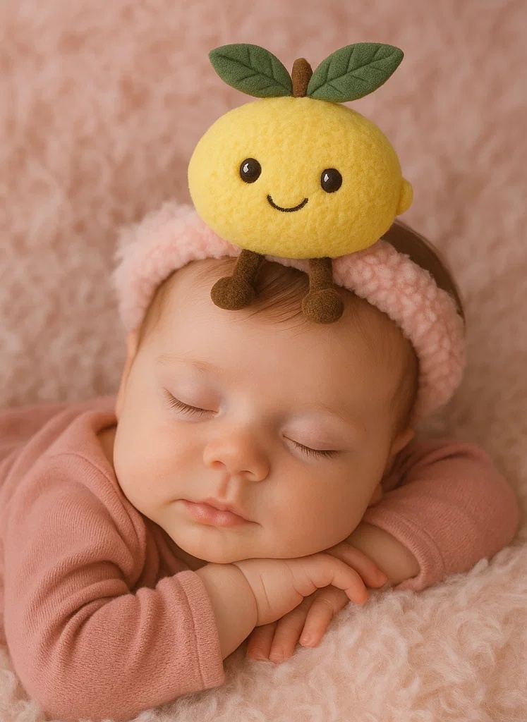 Cheerful Yellow Lemon Plush Toy Baby Headband - Cute Baby Hairband with Smiling Lemon Design