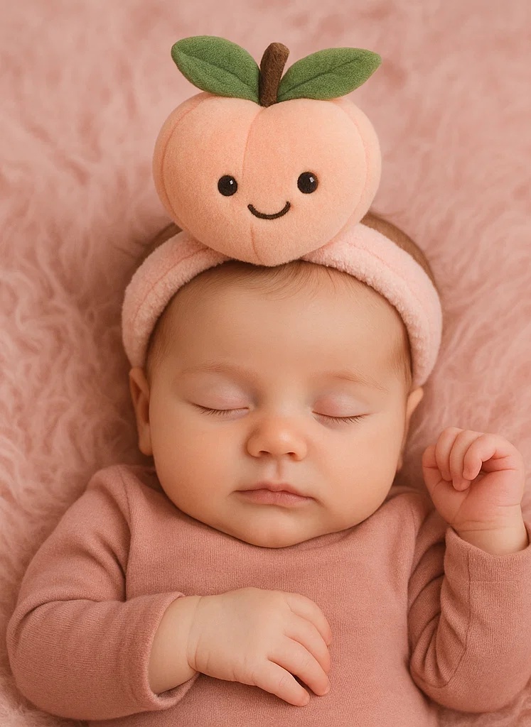 Süßer Pfirsich-Plüschspielzeug-Babykopfbügel - Weich und niedlich für Babys, mit einem lächelnden Pfirsich-Design