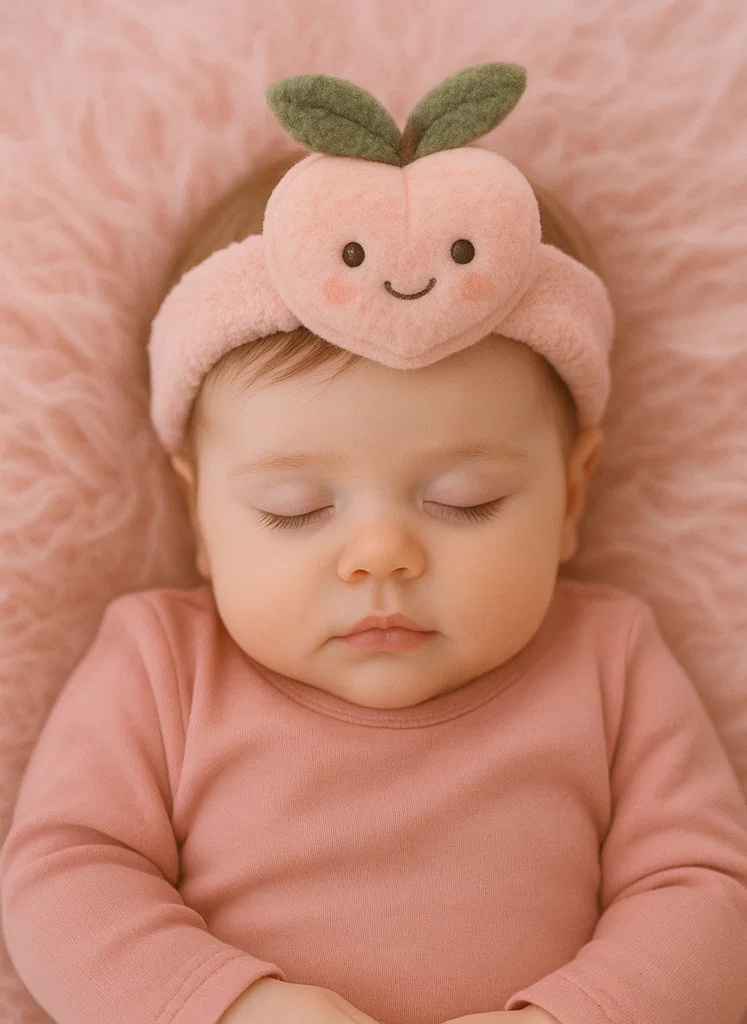 Diadema de Brinquedo de Pêssego de Pelúcia para Bebê - Macio e Adorável com Design de Pêssego Sorridente