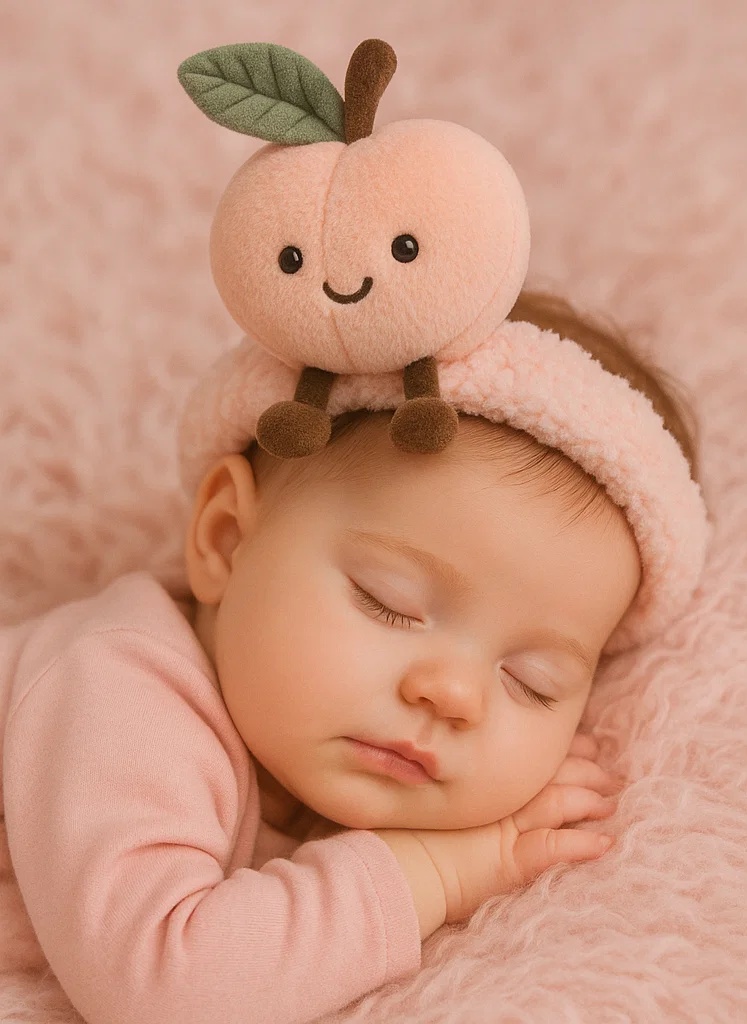 Diadema pentru Bebeluș cu Jucărie de Piersică din Pluș - Moale și Drăguță, cu Design de Piersică Zâmbitoare