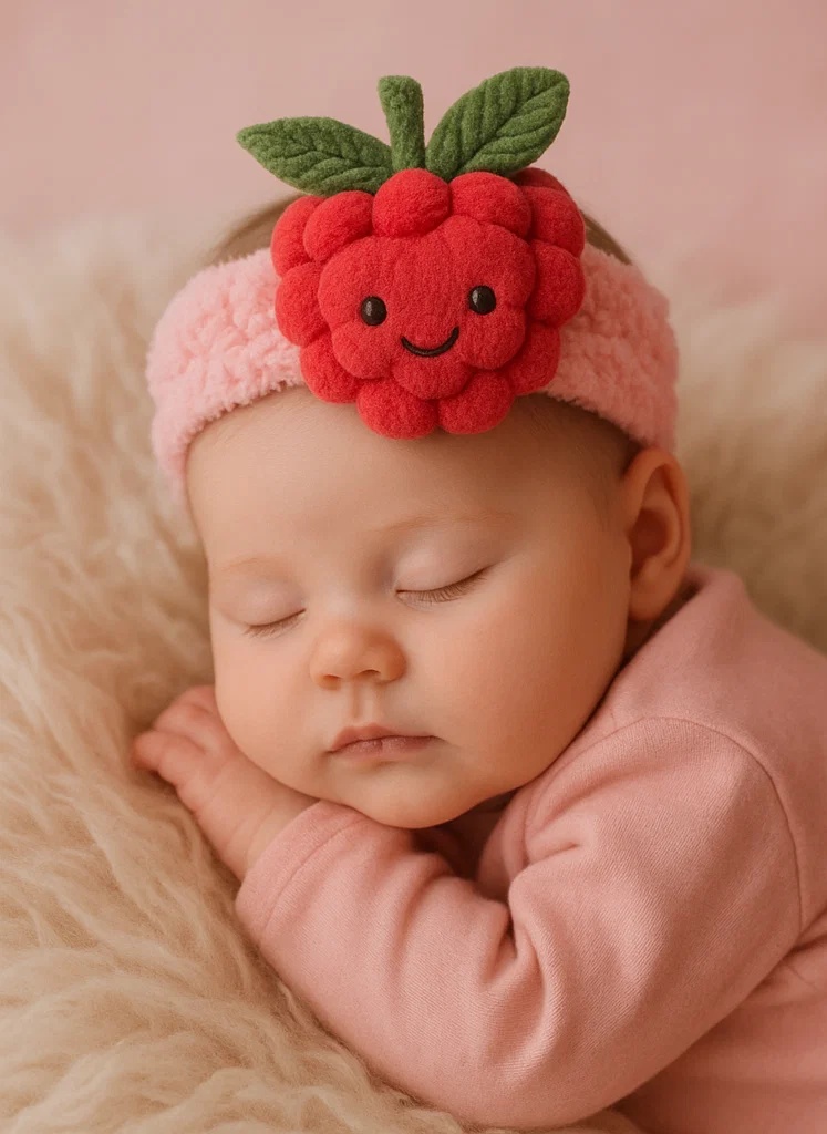Adorable Plush Toy Baby Headband with Raspberry Design and Cute Leaves - Soft and Comfortable for Newborns