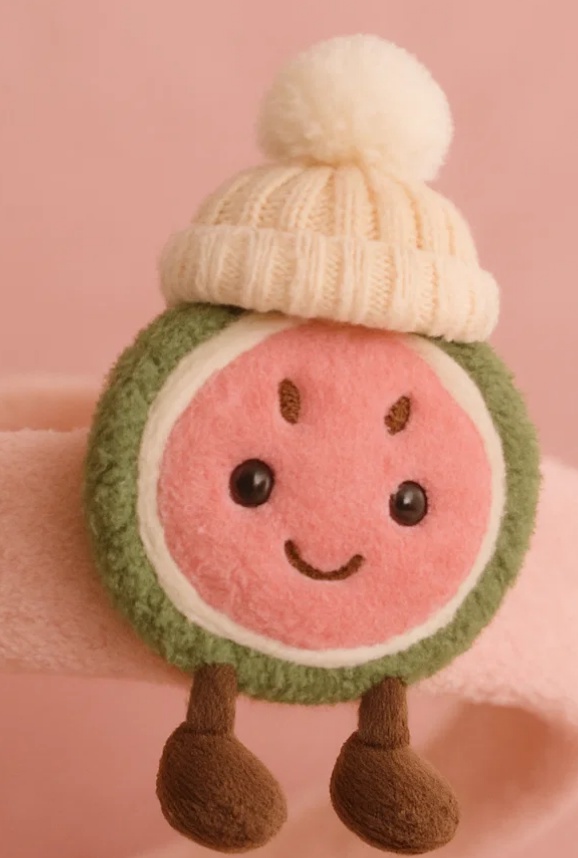 Mangosteen Plush Baby Headband with Cream Pom Hat – Tropical Fruit Winter Look