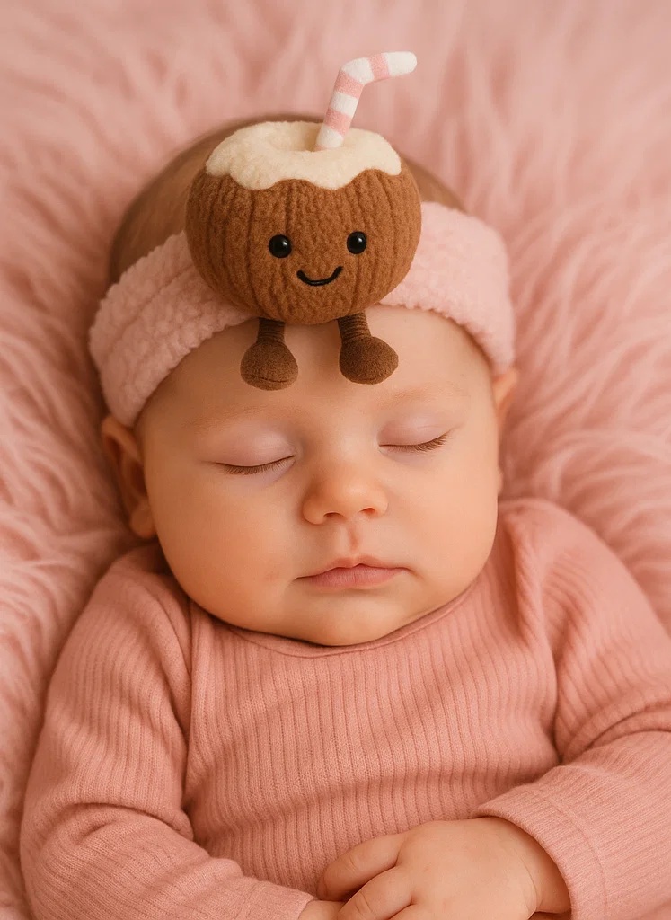 Coconut Drink Plush Baby Headband with Smiley Face and Straw – Soft Tropical Style
