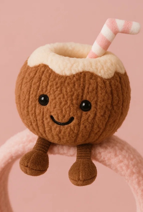 Coconut Drink Plush Baby Headband with Smiley Face and Straw – Soft Tropical Style