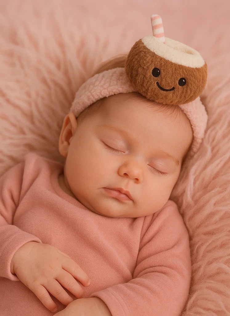 Coconut Drink Plush Baby Headband with Open Top and Pink Straw – Tropical Toy Headwear