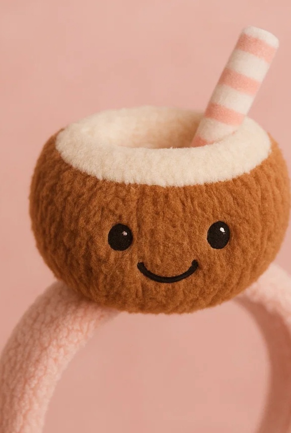 Coconut Drink Plush Baby Headband with Open Top and Pink Straw – Tropical Toy Headwear