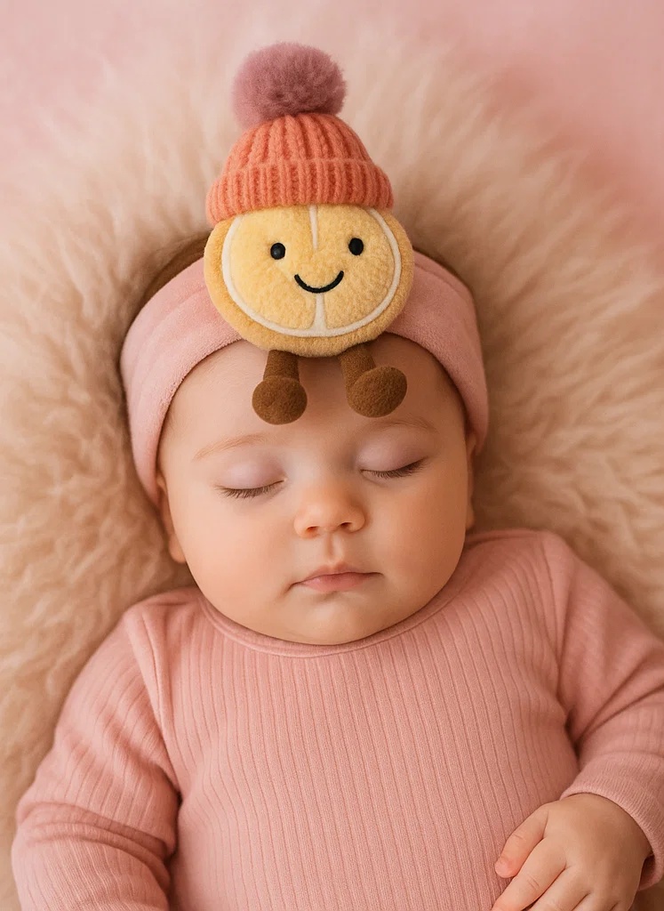 冬の柑橘ベビーヘアバンド | ニット帽付きみかんのぬいぐるみアクセサリー