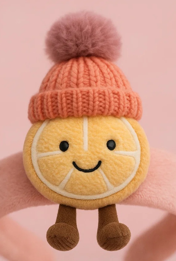 冬の柑橘ベビーヘアバンド | ニット帽付きみかんのぬいぐるみアクセサリー