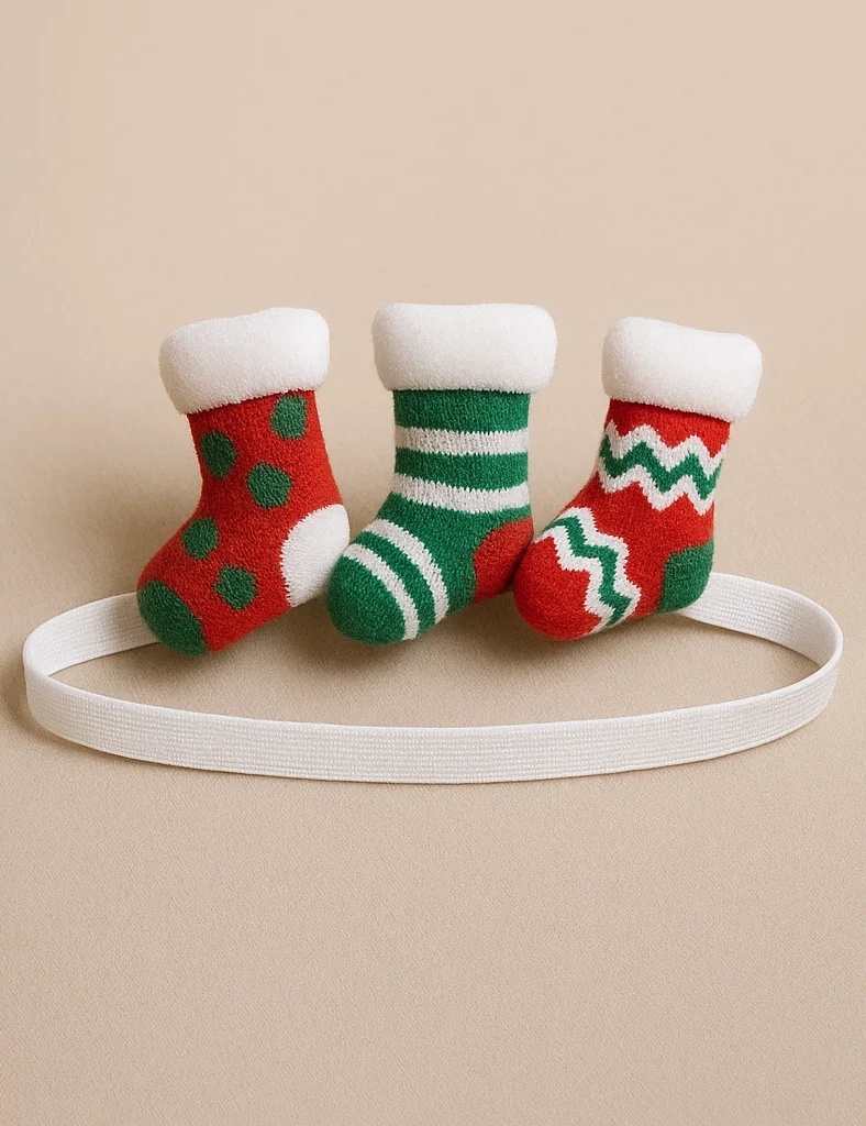 Christmas Stocking Toy Baby Headband with Three Festive Socks