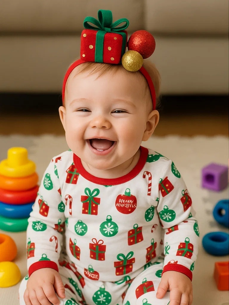 Christmas Gift Box Baby Headband with Red and Gold Ornaments