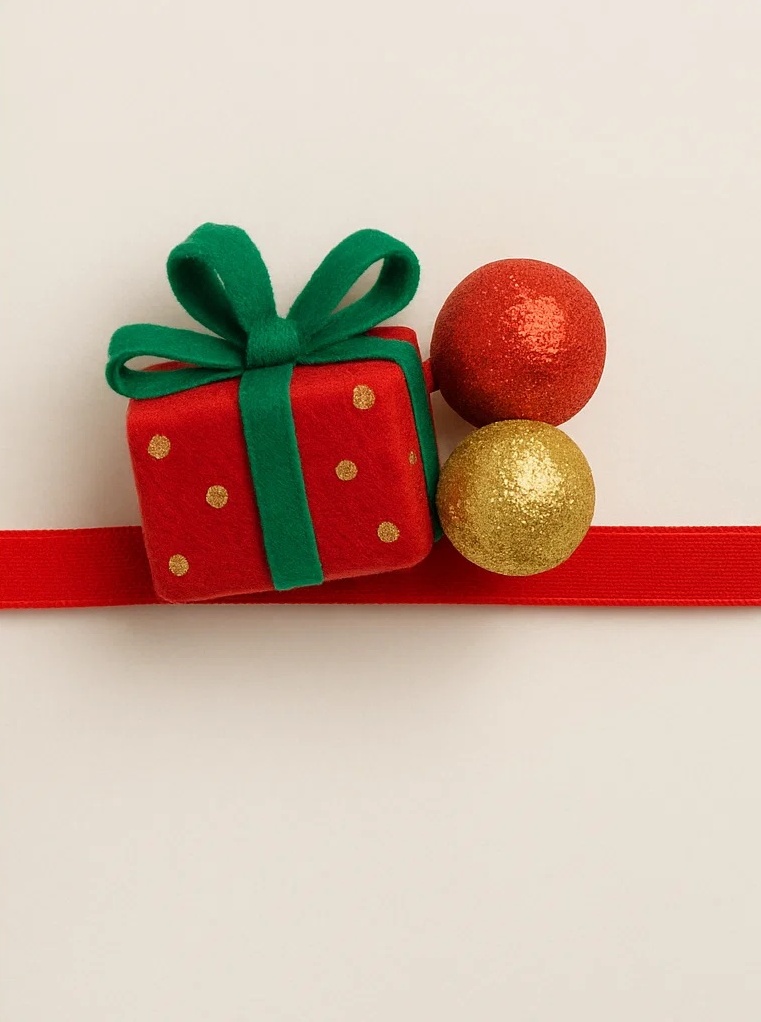 Christmas Gift Box Baby Headband with Red and Gold Ornaments