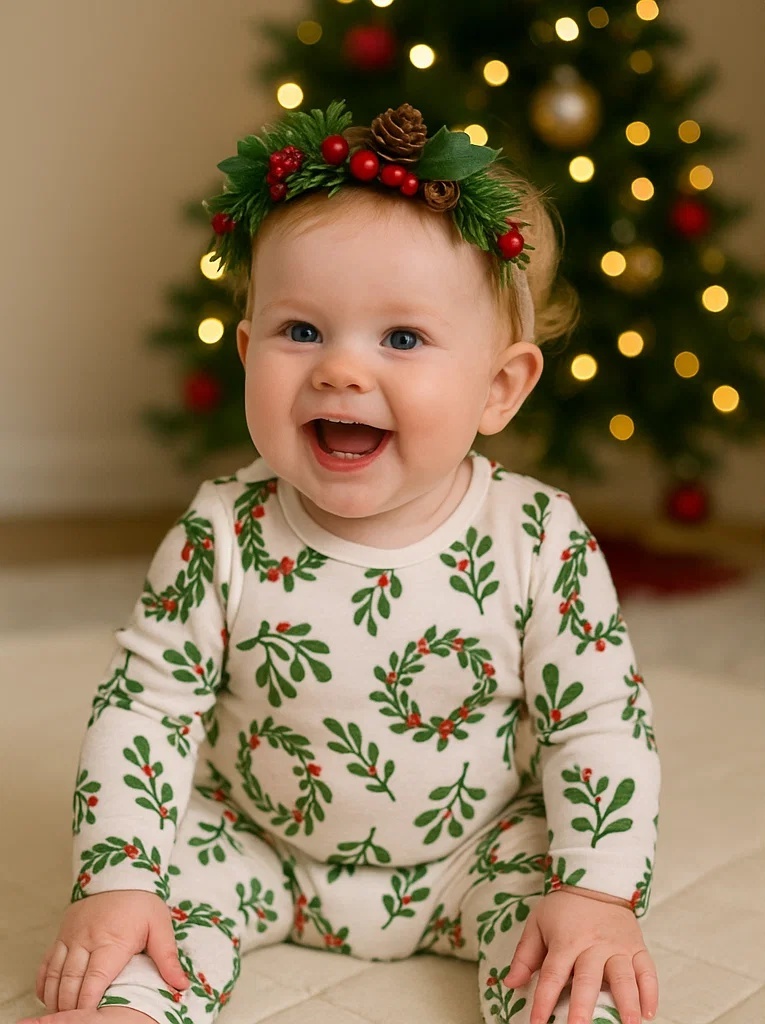 Christmas Pinecone Baby Headband with Holly and Red Berries