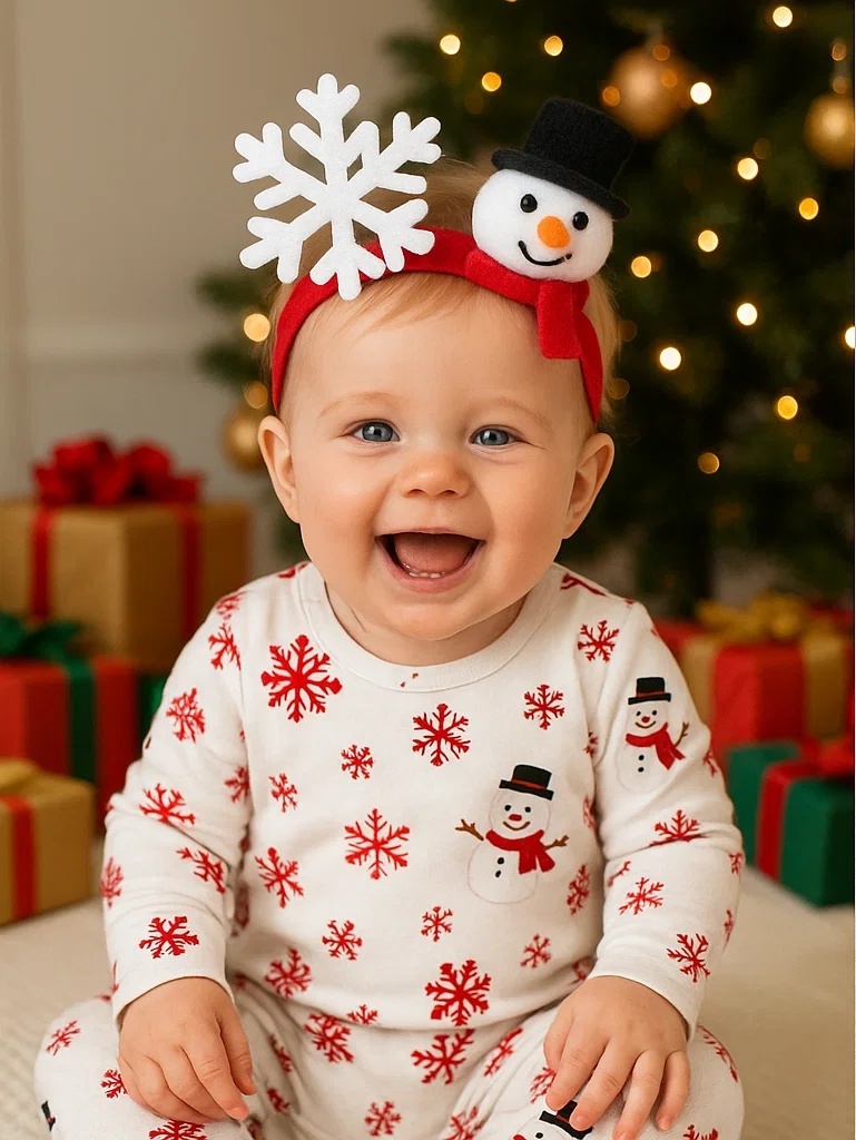 Snowman Baby Headband with Snowflake and Red Scarf