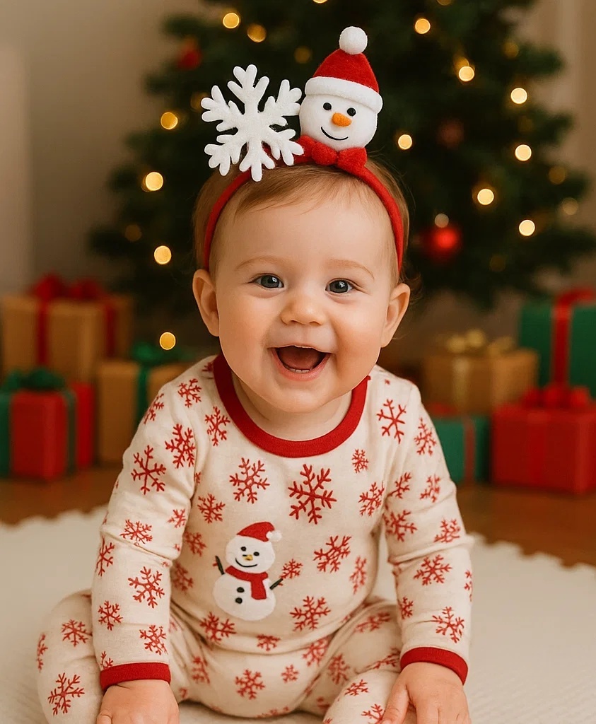 Snowman Baby Headband with Snowflake and Santa Hat